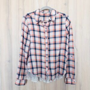 Holding Horses Womens Plaid Button Down Shirt Size 4 Coral Navy Western Boho